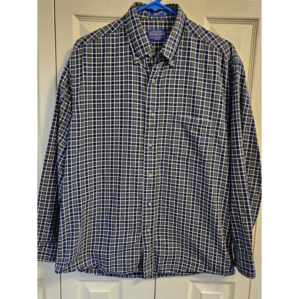 Pendleton Mens Medium Cotton Varsity Green Blue Plaid Long Sleeve Button Shirt
